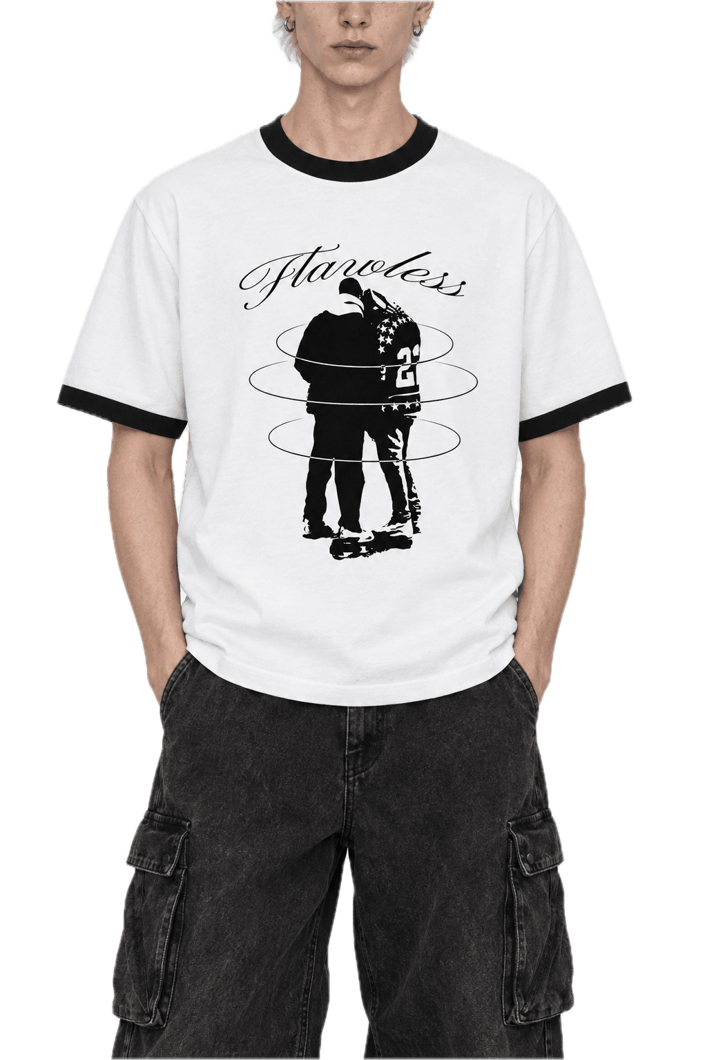 Model in the white ringer tee with black trim and the Flawless embrace print, front view.