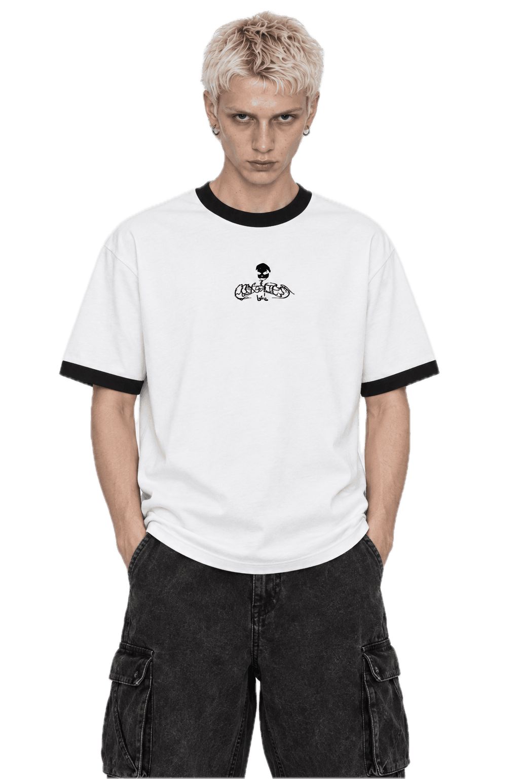 Model in the white ringer tee with black trim and the small Flawless skull logo, front view.