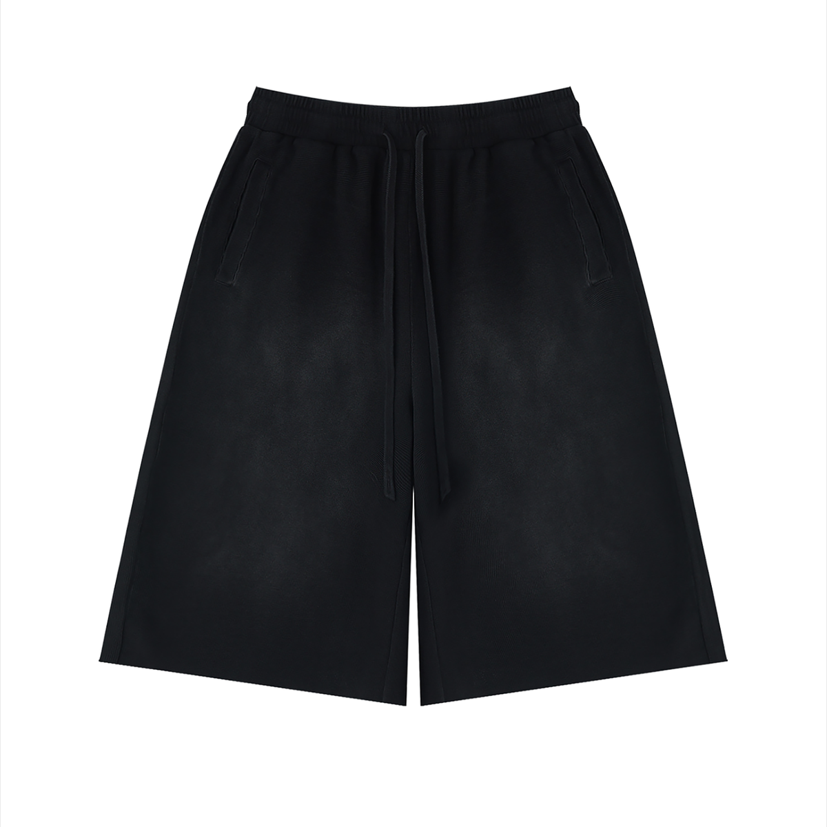 Black sun faded drawstring shorts with raw edges, on a white background.