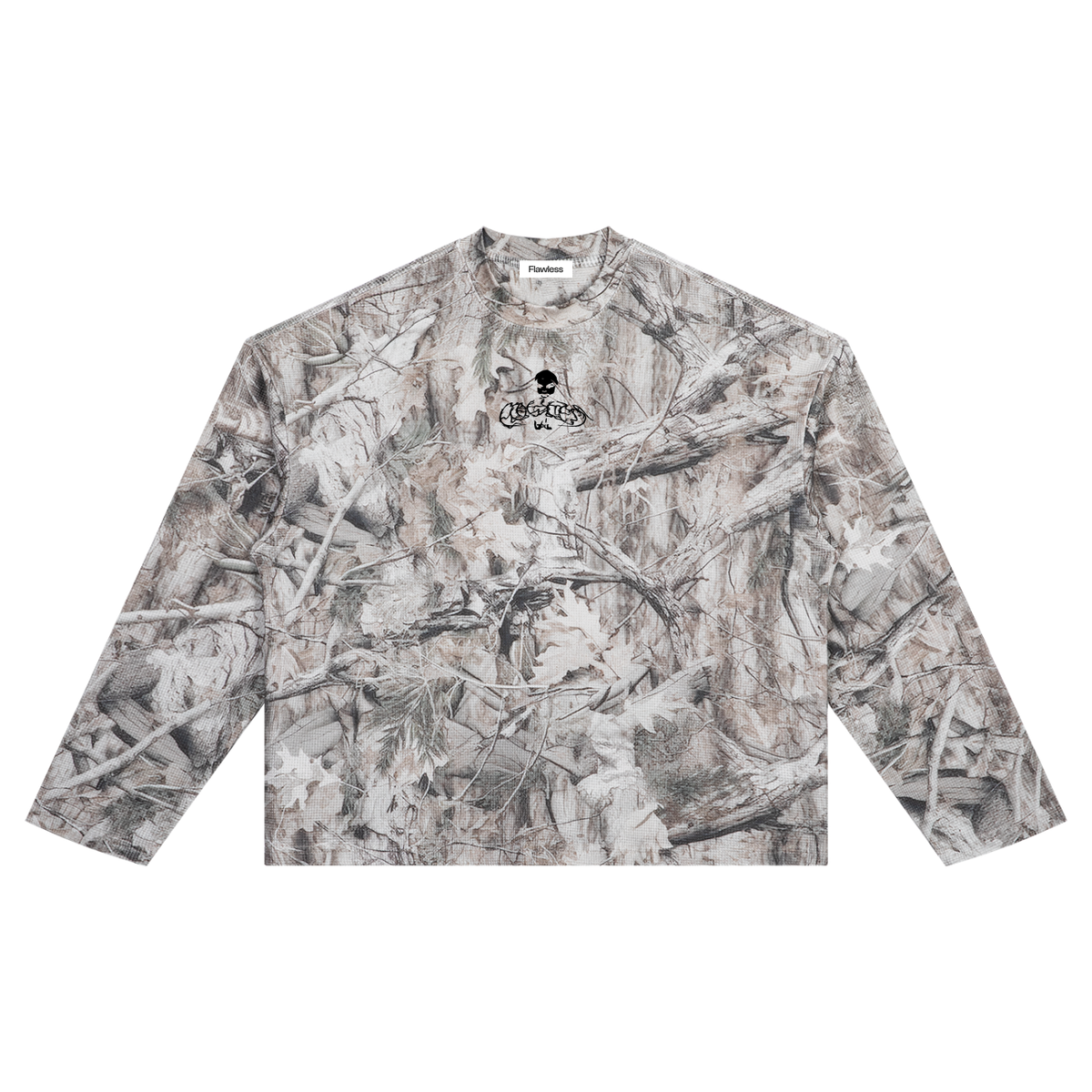 Tree camo long-sleeve waffle t-shirt with a small black Flawless skull logo on the chest, on a white background.