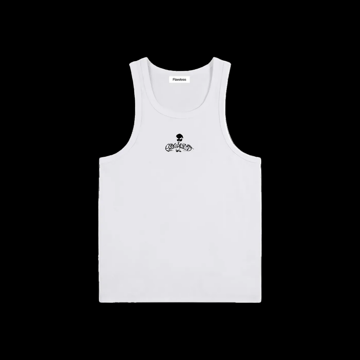 White ribbed tank top with a small black Flawless skull logo on the chest, on a black background.