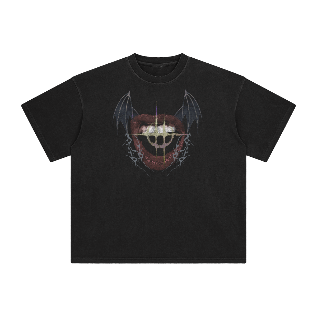 Black enzyme washed t-shirt with a red mouth and bat wing graphic print across the chest, on a white background.