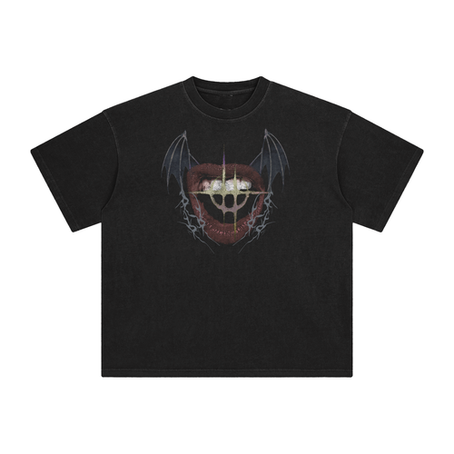 Black enzyme washed t-shirt with a red mouth and bat wing graphic print across the chest, on a white background.