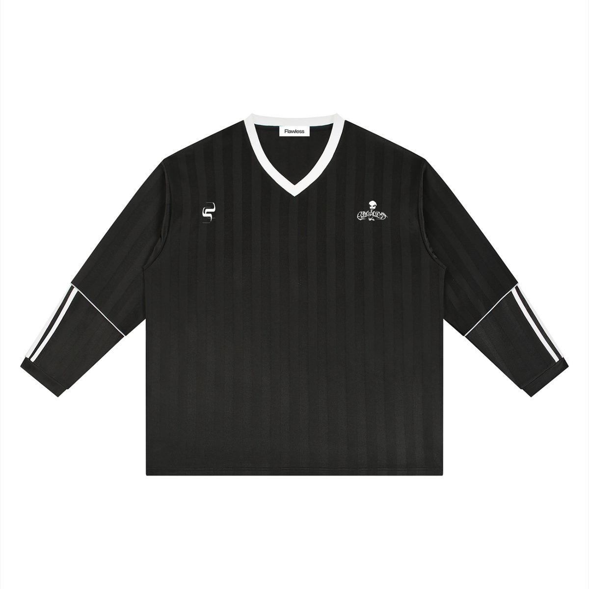 A black long-sleeve V-neck jersey with white trim on the collar and sleeve cuffs, featuring a small white chest logo and a stylized white emblem on the right chest, displayed flat against a white background.