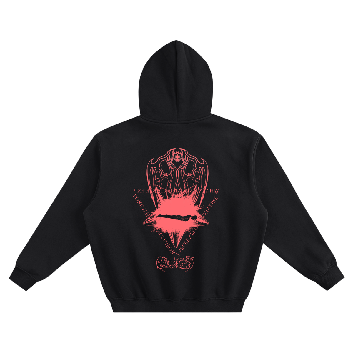 A black pullover hoodie shown from the back, featuring a large red graphic print of a horned skull, a red star, and stylized text on the back.