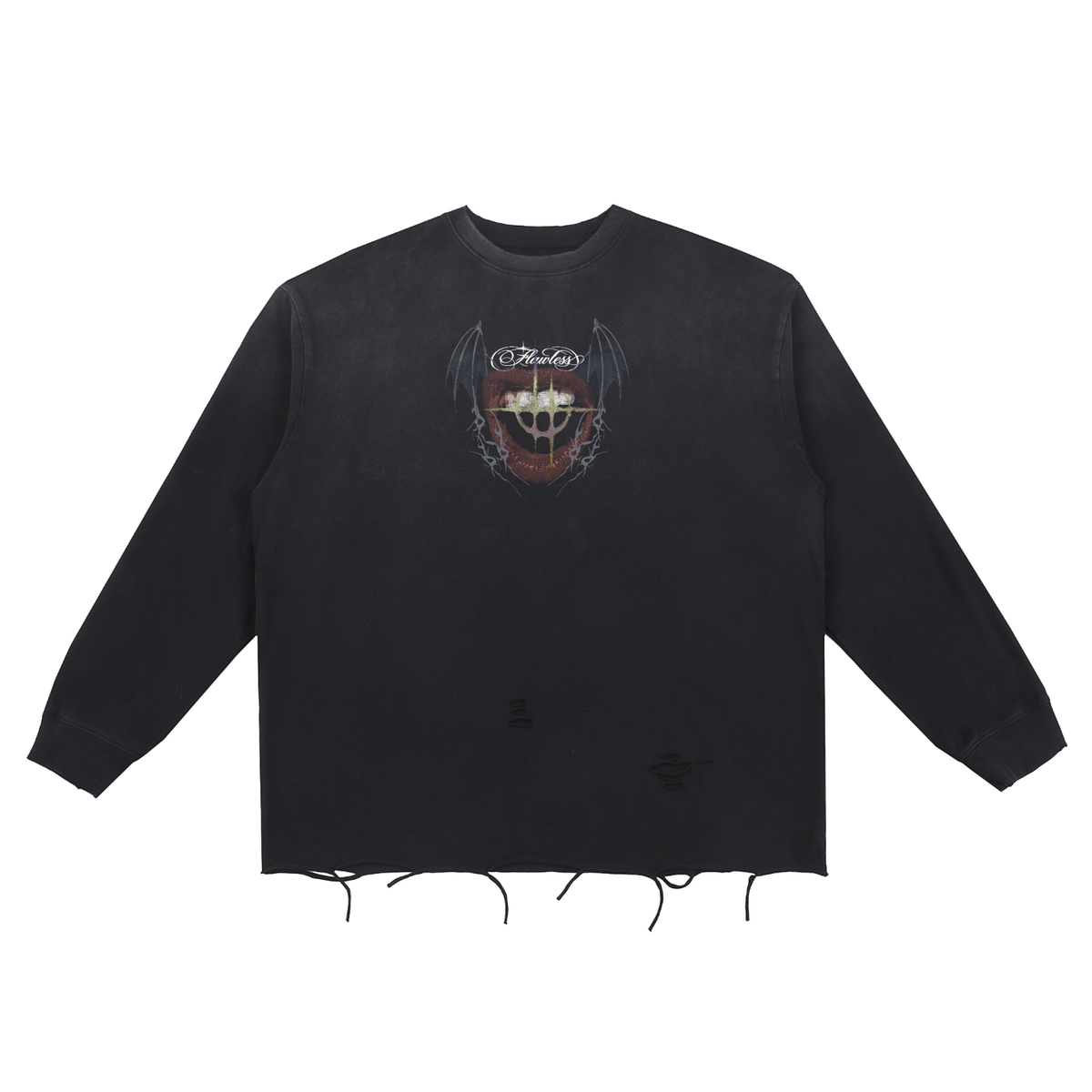 Black sweatshirt with a white cartoon character on a white background