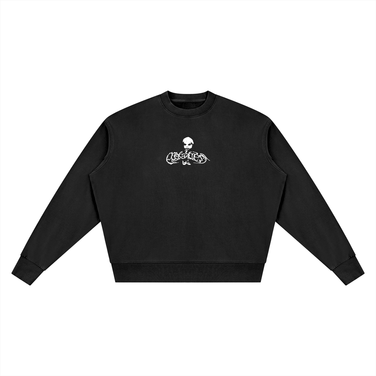 A black long-sleeve crewneck sweatshirt with a small white graphic on the center chest, displayed flat against a solid white background.