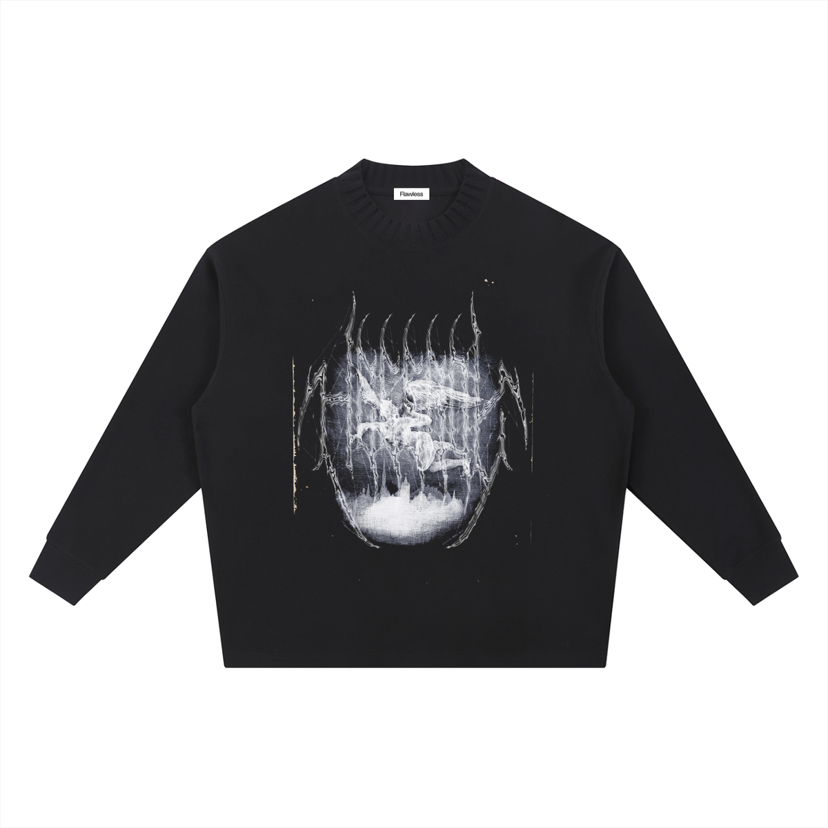 Black knitted oversized crewneck sweatshirt with a white distressed graphic print on the chest, on a white background.