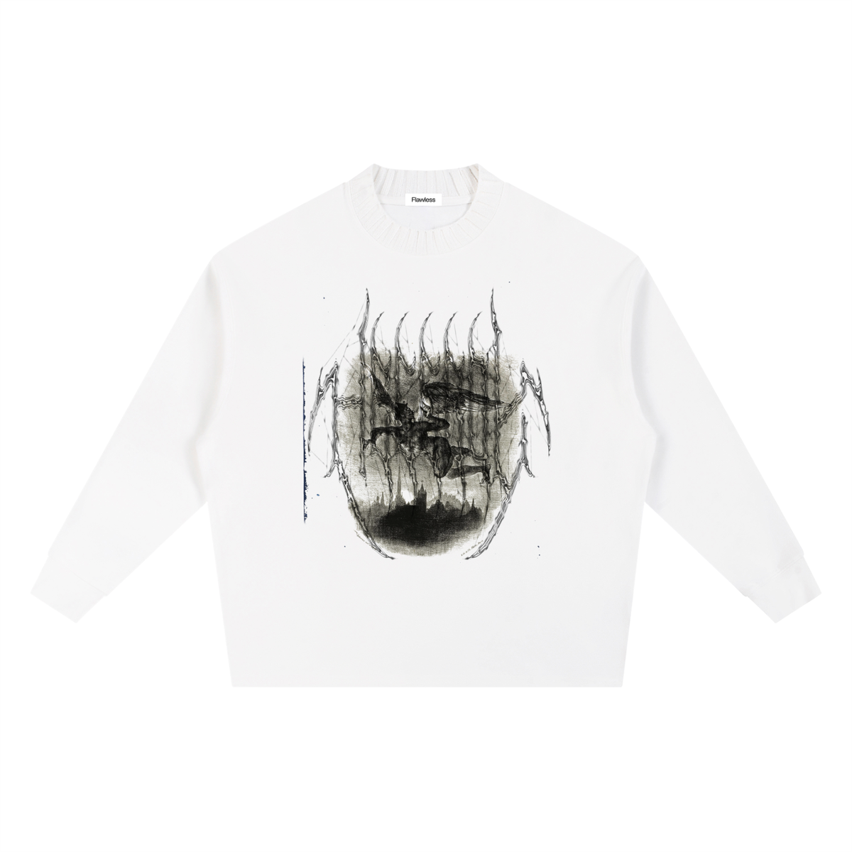 White knitted oversized crewneck sweatshirt with a black distressed graphic print on the chest, on a white background.