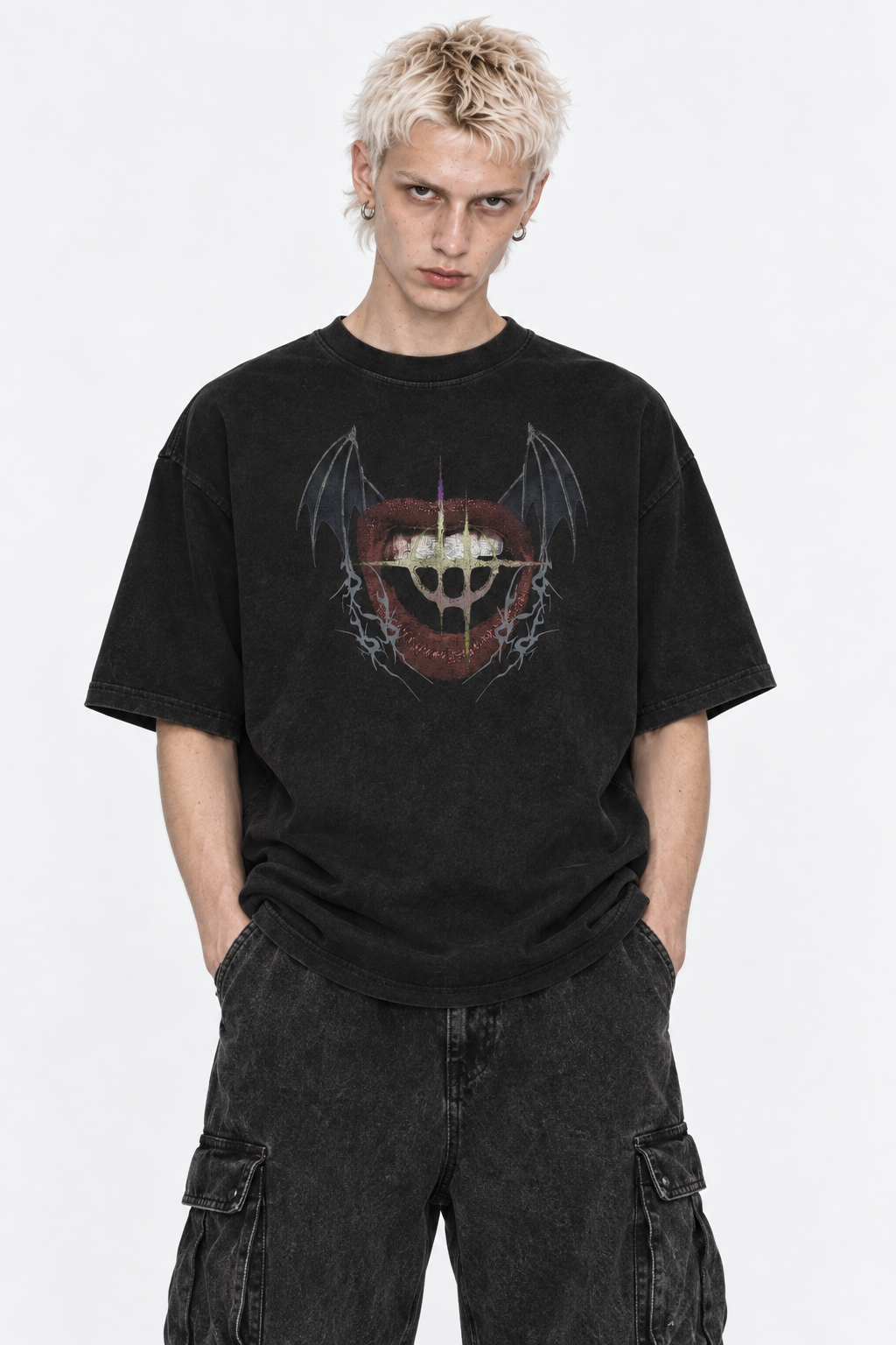 Model in the black washed tee with the red winged mouth print, front view.